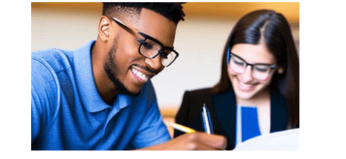 A black male student and a white female student doing research