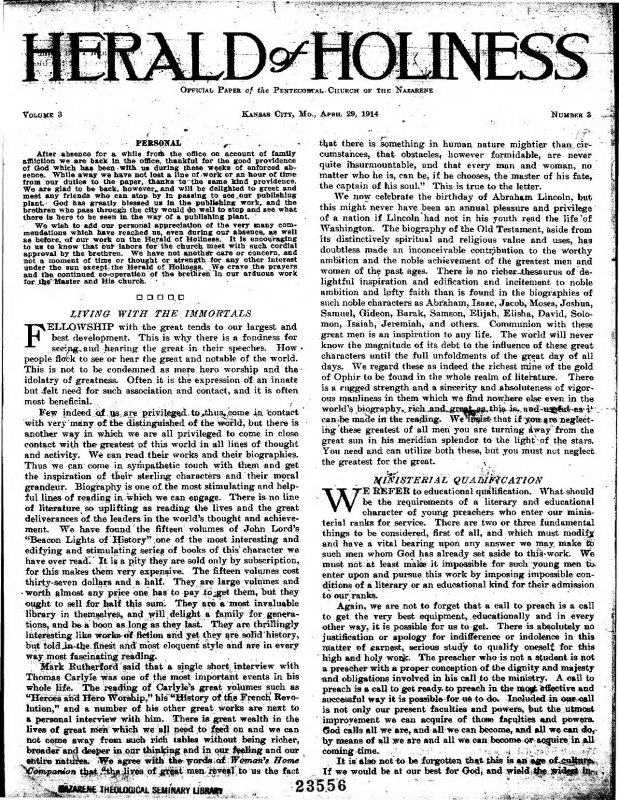 Title Page of Herald of Holiness - April 29, 1914