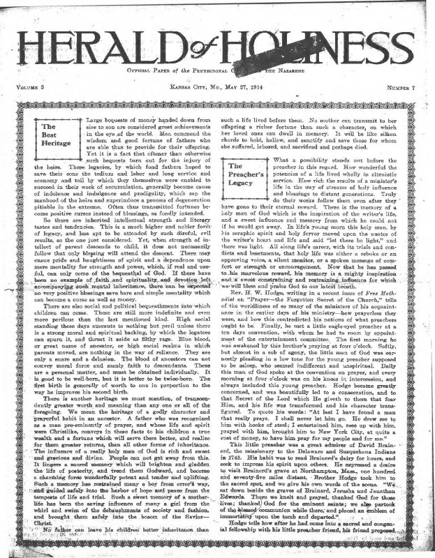 Title Page of Herald of Holiness - May 27, 1914