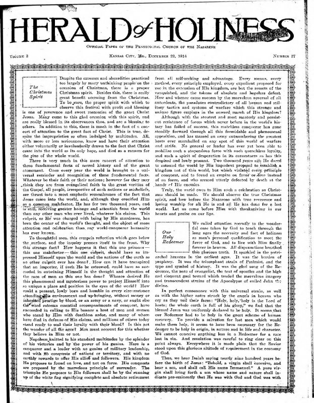 Title Page of Herald of Holiness - December 23, 1914