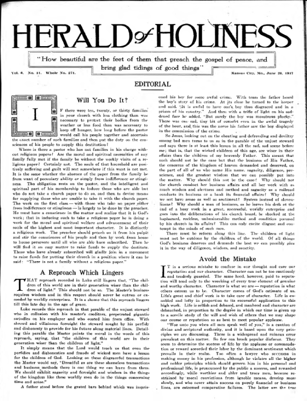 Title Page of Herald of Holiness - June 20, 1917