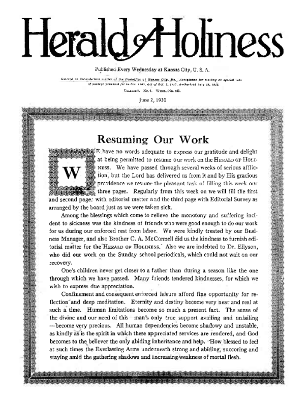 Title Page of Herald of Holiness - June 2, 1920
