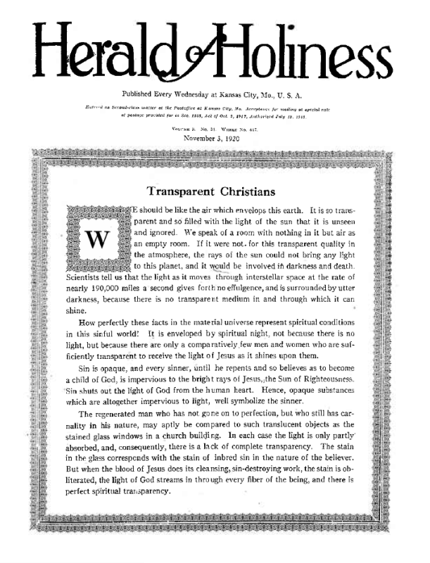 Title Page of Herald of Holiness - November 3, 1920