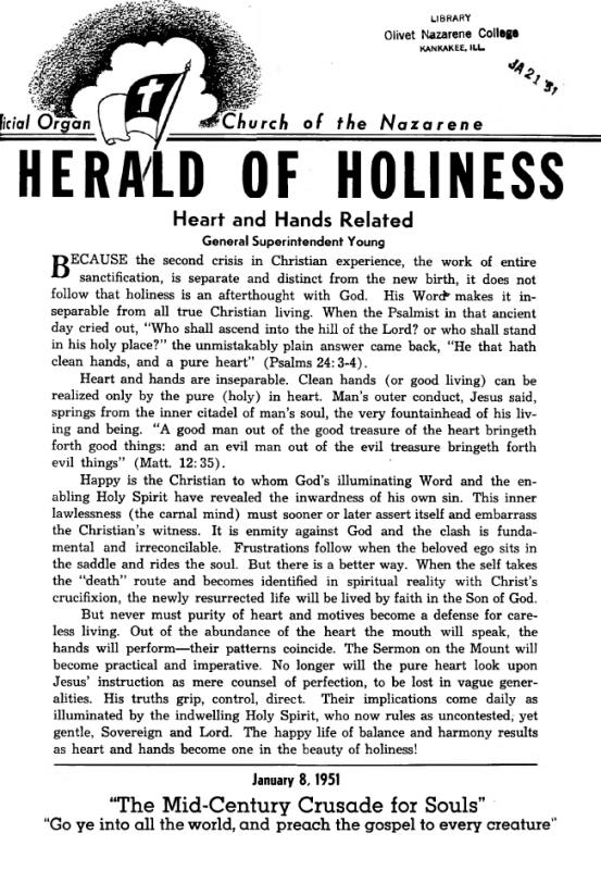 Title Page of Herald of Holiness - January 8, 1951