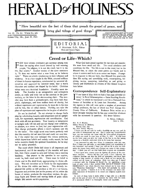 Title Page of Herald of Holiness - June 29, 1921