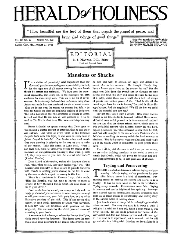 Title Page of Herald of Holiness - August 31, 1921