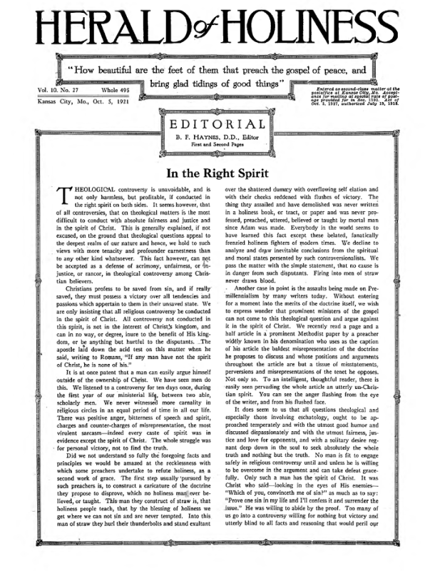 Front page of Herald of Holiness - October 5, 1921