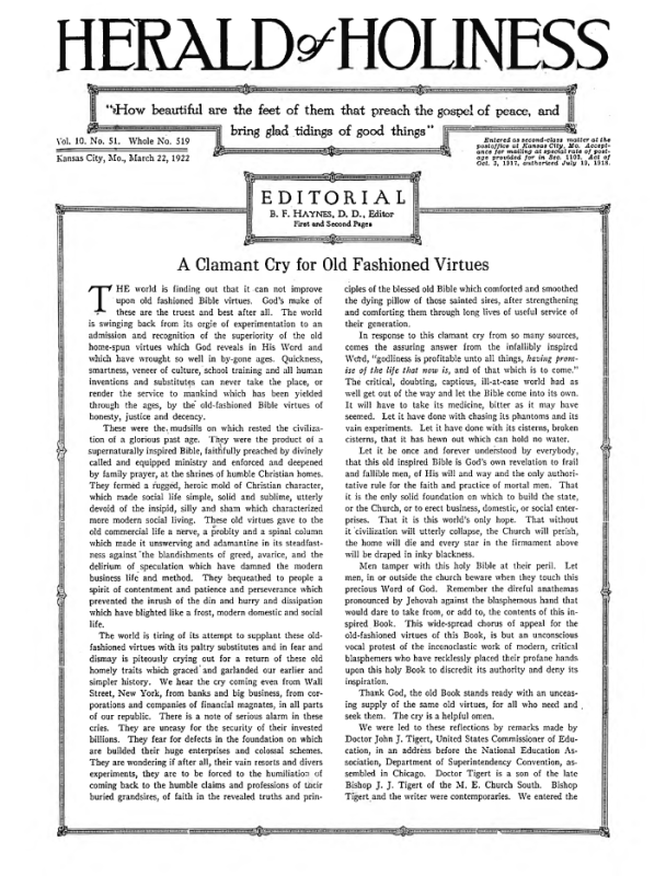 Front page of Herald of Holiness - March 22, 1922