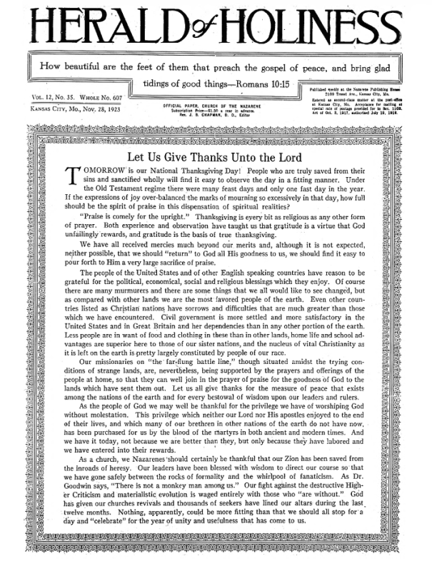 Front page of Herald of Holiness - November 28, 1923