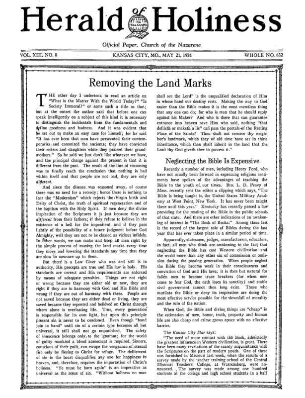 Front page of Herald of Holiness - May 21, 1924