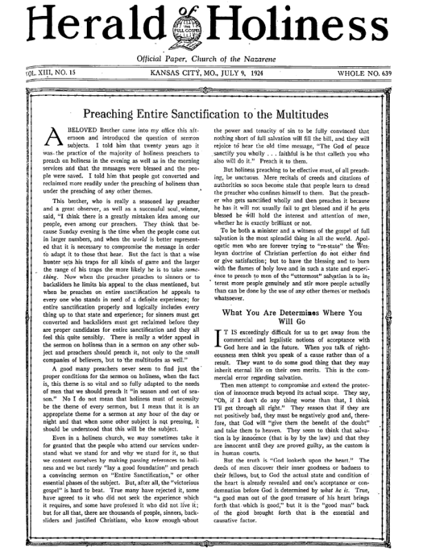 Front page of Herald of Holiness - July 9, 1924