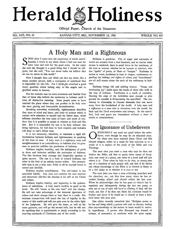 Front page of Herald of Holiness - November 12, 1924