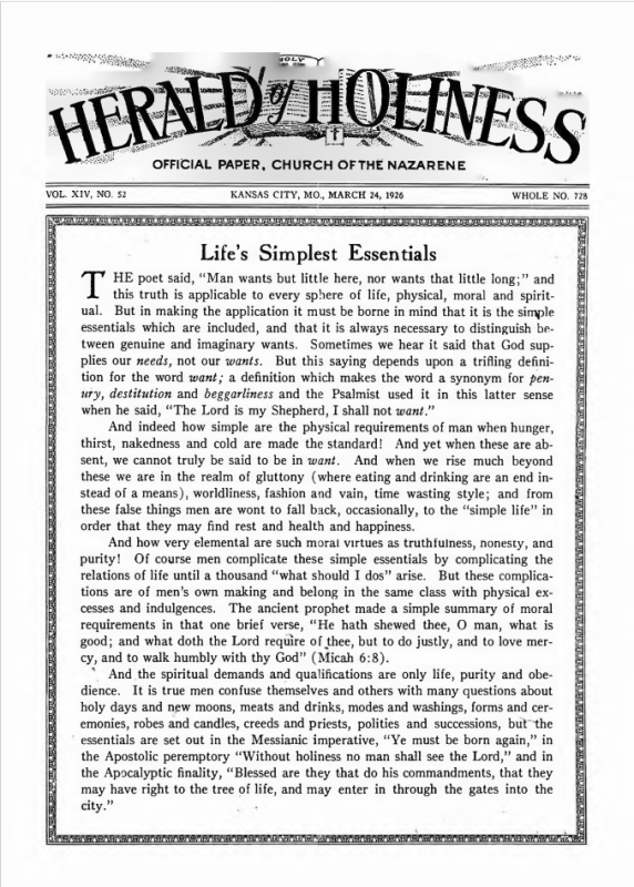 Front page of Herald of Holiness - March 24, 1926