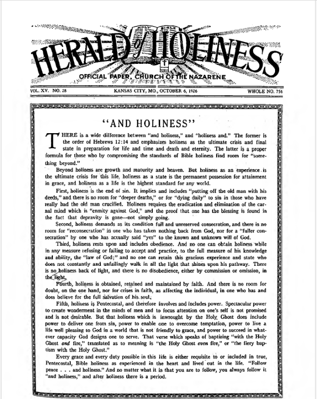 Front page of Herald of Holiness - October 6, 1926