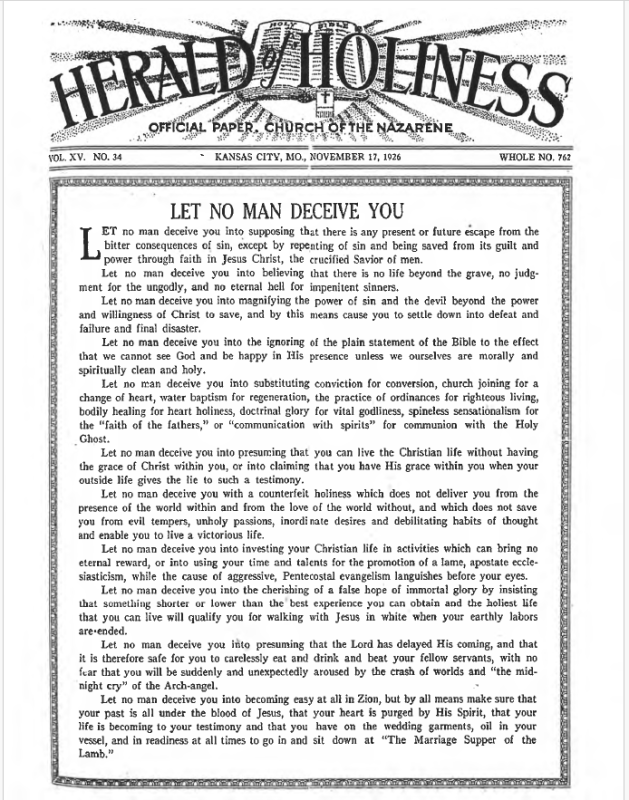 Front page of Herald of Holiness - November 17, 1926