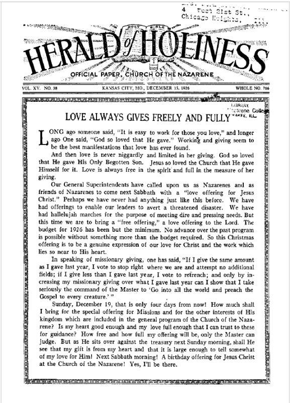 Front page of Herald of Holiness - December 15, 1926