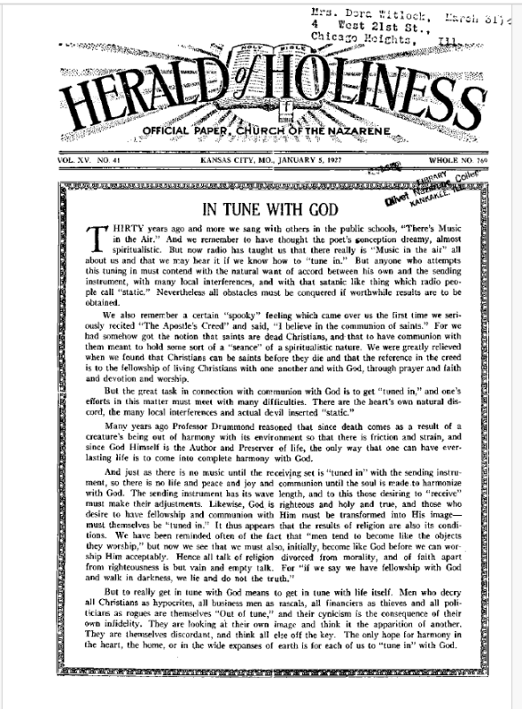 Front page of Herald of Holiness - January 5, 1927