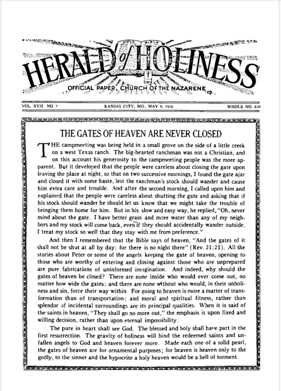 Front page of Herald of Holiness - May 9, 1928