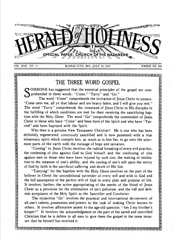 Front page of Herald of Holiness - July 18, 1928