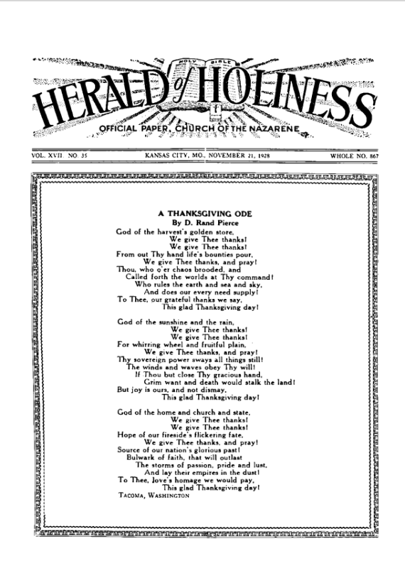 Front page of Herald of Holiness - November 21, 1928