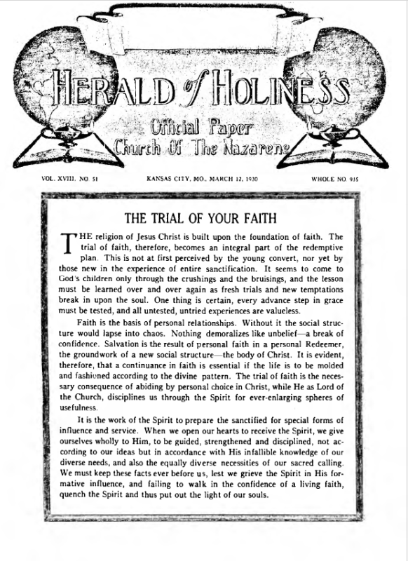 Front page of Herald of Holiness - March 12, 1930
